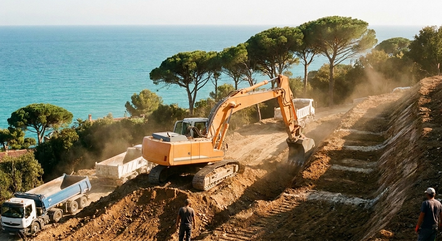 Chantier de terrassement TERRAZUR sur les hauteurs de la Côte d'Azur, pelle mécanique face à la Méditerranée