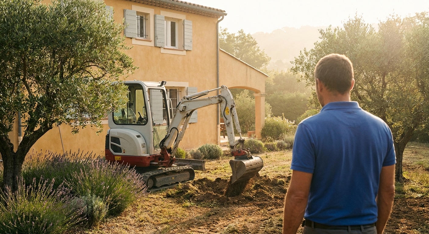 Artisan TERRAZUR supervisant un chantier d'aménagement extérieur avec mini-pelle dans le jardin d'une villa sur la Côte d'Azur